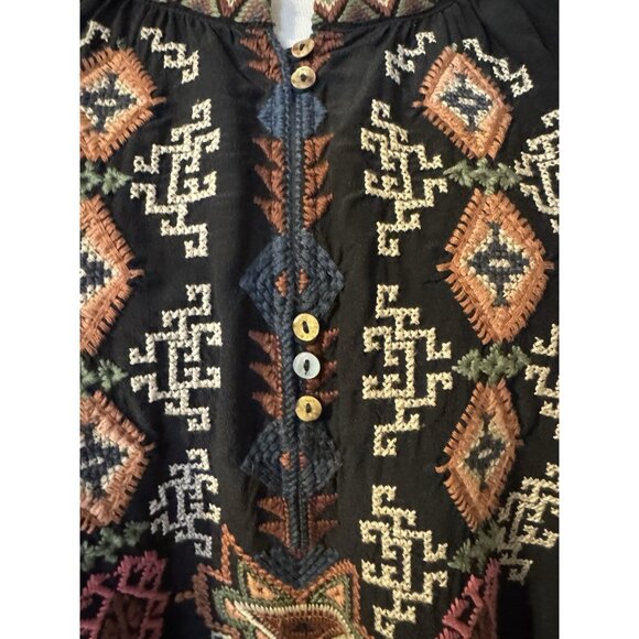 Johnny Was Long Sleeve Black Embroidered SILK Malta Tunic Top Colorful $300 - Picture 6 of 16